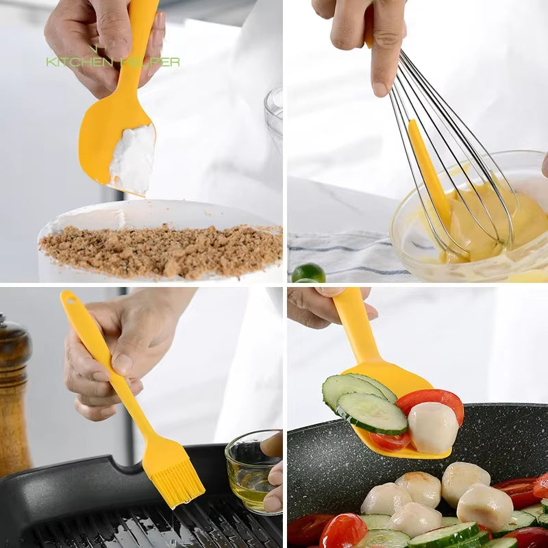 Heat Resistant Silicone Cooking Tools Non-Stick Spatula Turner Tongs Soup Spoon Shovel Oil Brush Storage Box Kitchen Utensils