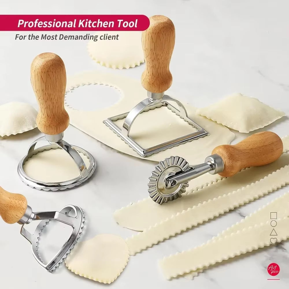 Ravioli Stamp Set,Cookie Cutters with Wooden Handles and Grooved Edges,Suitable for Ravioli, Pasta, Tortellini, Lasagna, Pierogi
