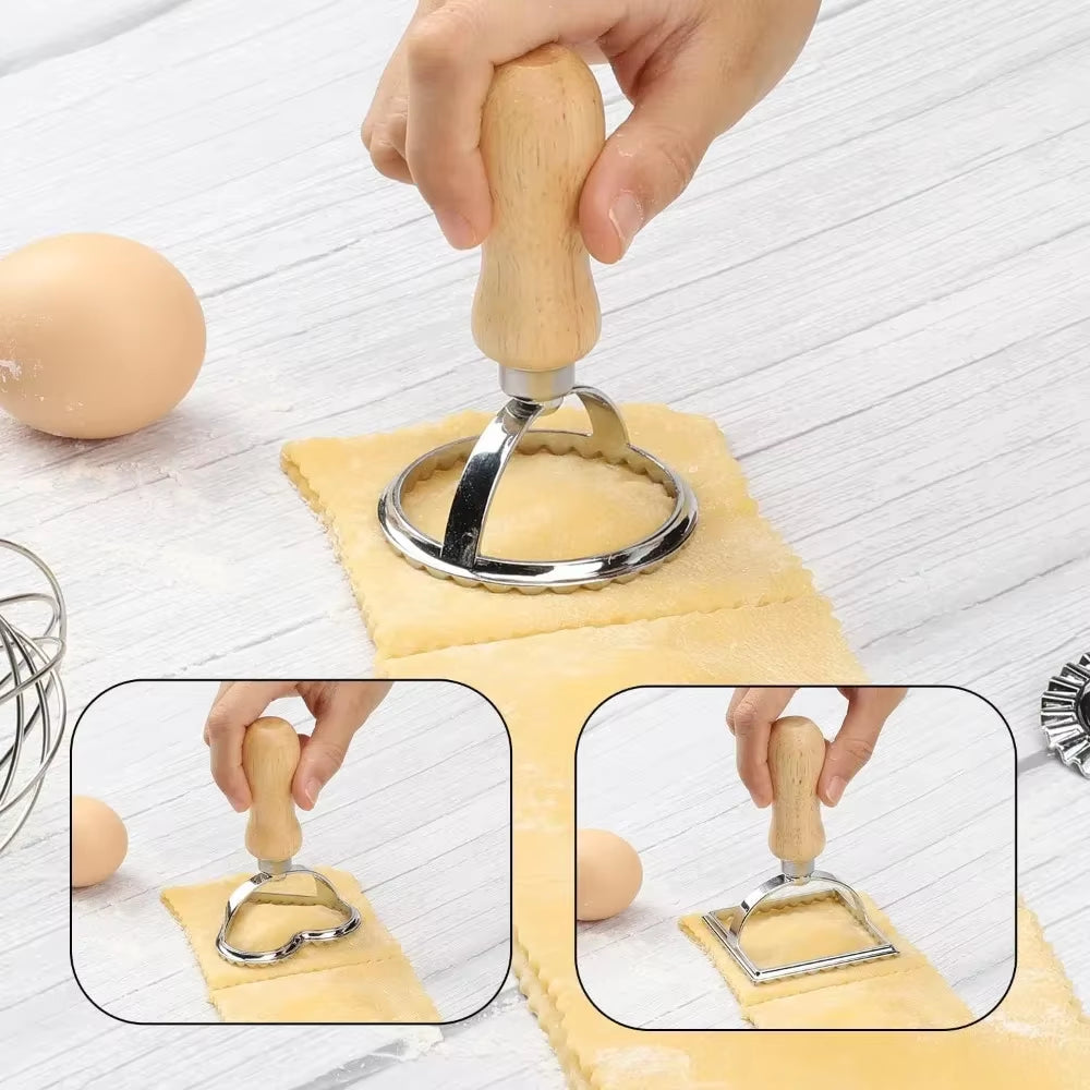 Ravioli Stamp Set,Cookie Cutters with Wooden Handles and Grooved Edges,Suitable for Ravioli, Pasta, Tortellini, Lasagna, Pierogi