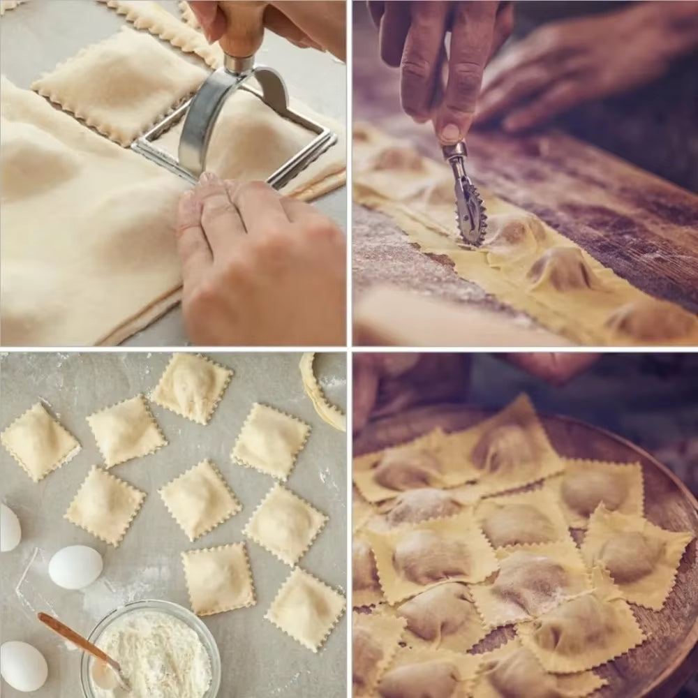Ravioli Stamp Set,Cookie Cutters with Wooden Handles and Grooved Edges,Suitable for Ravioli, Pasta, Tortellini, Lasagna, Pierogi