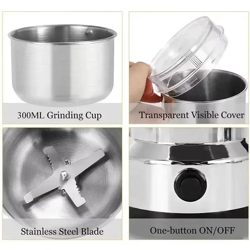 1 Pcs Multifunctional Electric Grain Grinder, 4-Blade Stainless Steel Coffee Nut Bean Chopper Grinder for Home Kitchen EU 220V