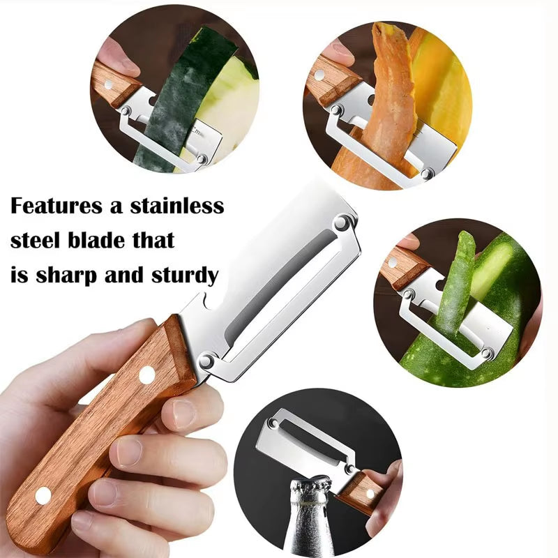 3 In1 Stainless Steel Peeler with Wooden Handle for Peeling and Slicing Fruits and Vegetables | Durable and Smooth Operation